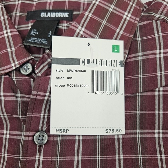 Claiborne Mens Long Sleeve Button Up Plaid Shirt Burgundy White Checkered L - Picture 6 of 12
